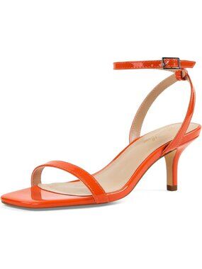 Women's Orange Kitten Low Heel Square Open Toe Ankle Strap Sandals Strappy Heels